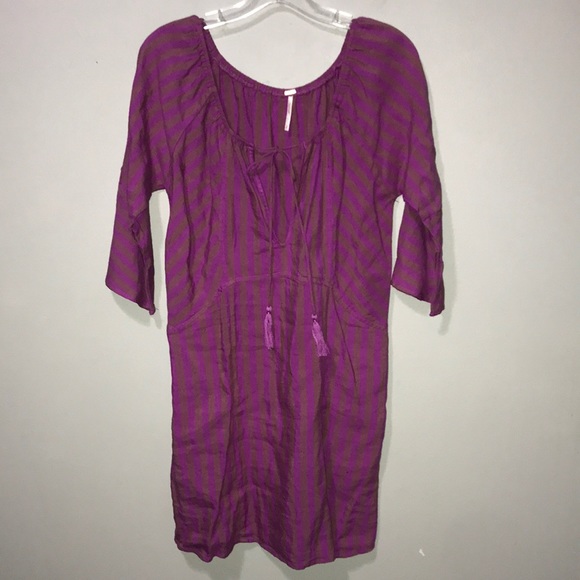 Free People Folk Town Linen Tunic Dress with Pockets Purple Stripe Size S Boho - Picture 3 of 13